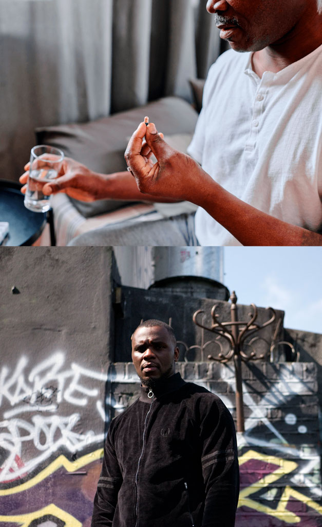 Man taking a pill and man in front of graffiti